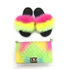 2019 Factory wholesale fashion women jelly bag purses matching slippers sandals fox fur slides with purse