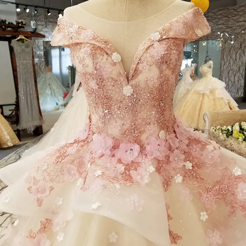 Elegant Pink Lace Princess Wedding Dresses 2019 African Black Girls Lace up Sheer Neck Puffy Cheap Ball Gowns Bridal Gowns
