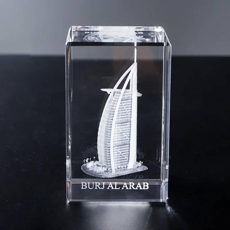 Hot Sale Dubai Hotel Building Crystal Cubes 3D Laser Engraved Religious Block Model Polished Technique souvenirs gift tourists manufacture