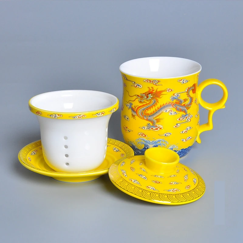 Fancy Tea Cups,Gifts for Man,chinese Dragon Chinese Tea Cups with Anti-spill Saucers,Lids and Strainer Infuser,Ceramic Tea Cup