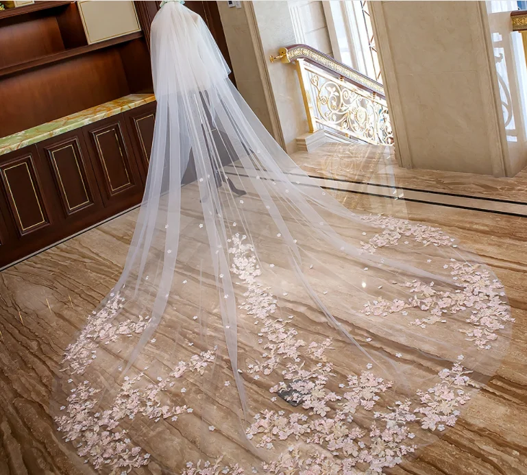 Hot Sale Luxury Two-layer Lace Wedding Veil With Pink Flowers 3.5 