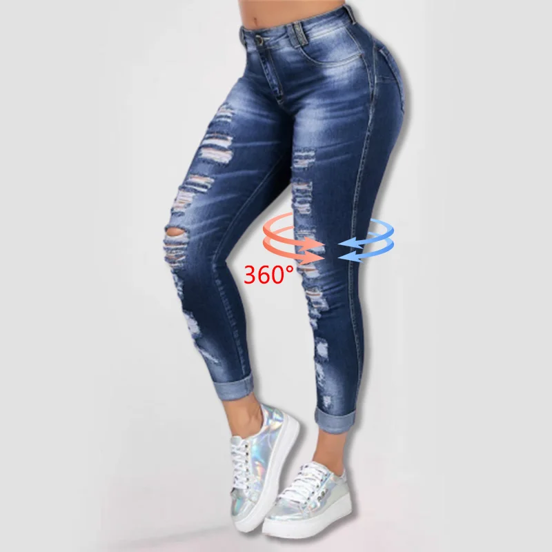 S-5XL Women's Denim Skinny Ripped Pants High Waist Stretch Jeans Pencil Trousers 