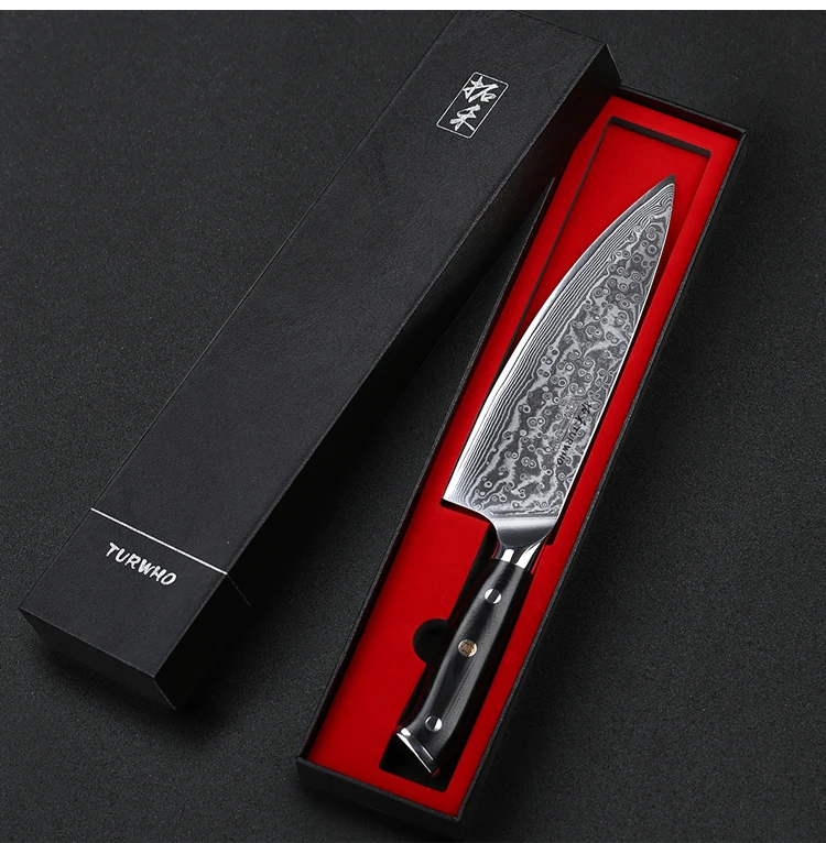vg10 chef knife High Carbon Stainless Steel Damascus steel Multi-Purpose\nAs the most indispensable knife in the knife block, the chef knife has made a noticeable difference in dicing vegetables, garlic, fruit and cutting thick meat, raw steaks, etc. The blade is curved to allow a rocking motion to chop and dice more efficiently