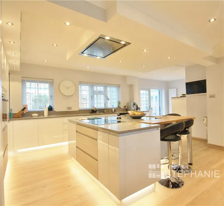 luxury acrylic kitchen cabinet door with island, white plywood simple kitchen cabinet designs for villa