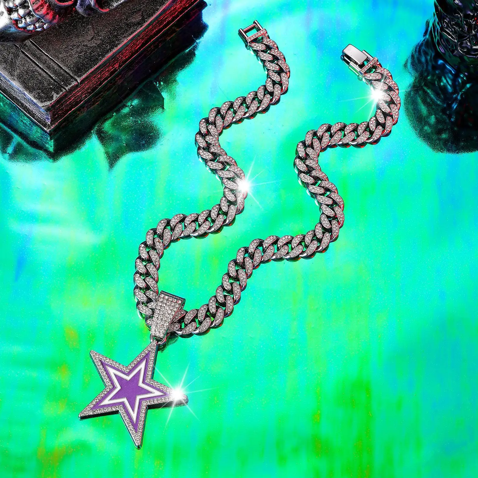 product european american style full diamond blue five pointed star pendant necklace fashionable hip hop design for men women for gift-14