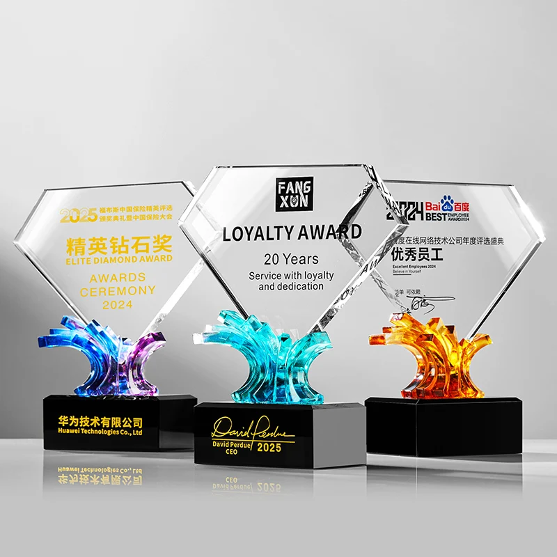 High-Grade Diamond and Wave Shape LiuLi Crystal Trophy Customized Glass Award Laser Printing Polished Technique Souvenir Use factory