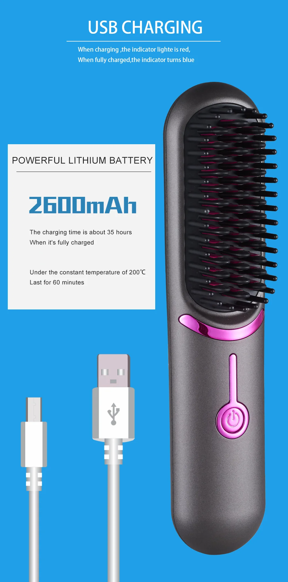 Professional Hair Straightener Heater Brush Rechargeable Brush For