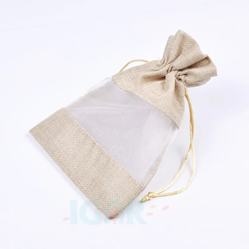 Natural Linen Jute Gift Bag Drawstring Burlap Jewelry Candy Pouch For Wedding 
