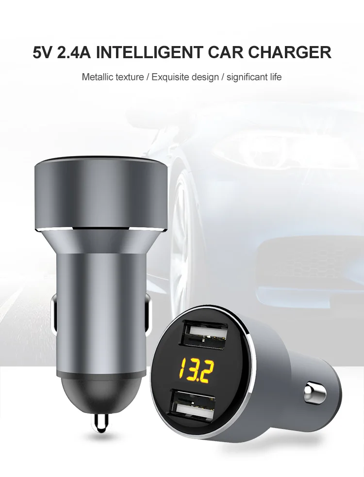 Shenzhen Manufacturer 2 Ports 5V 2.4A Dual USB Car Charger Adapter With Led Voltmeter Display