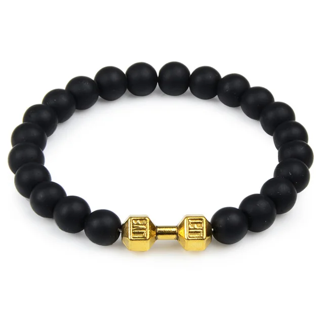 Natural Black Volcanic Lava Stone Dumbbell Bracelet Black Matte Beads ...