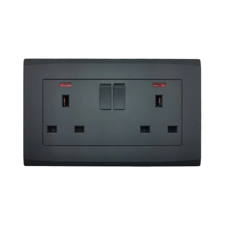 Universal China Factory Good Quality Switch Socket Wall 13A Black Panel Modern Electric Power Switch Double Socket With Neon