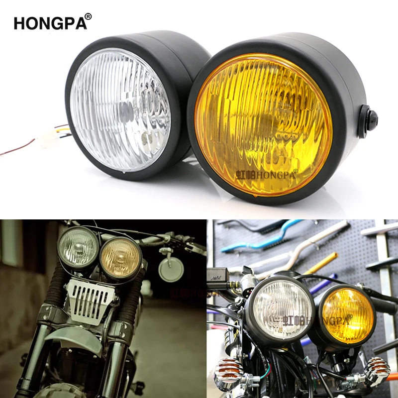 Headlight 12V H4オートバイカフェレーサーグリルツインズデュアルヘッドライトダブルヘッドランプスクーター 12v H4