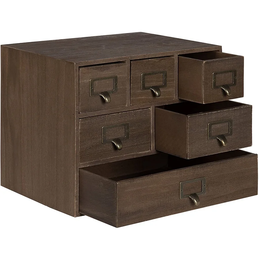 PHOTA Rustic 6 Drawers Desktop Solid Wood Apothecary Drawer Set with Metal Label Holders