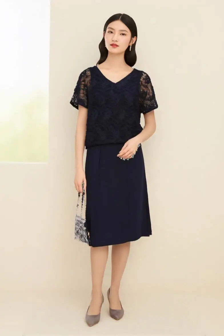 Navy Blue Lace Pattern V Neck Short Sleeve Two Piece Waist Cinched Short Fashion Elegant Women's Dress Navy Blue Lace Pattern V Neck Short Sleeve Two Piece Waist Cinched Short Fashion Elegant Women's Dress