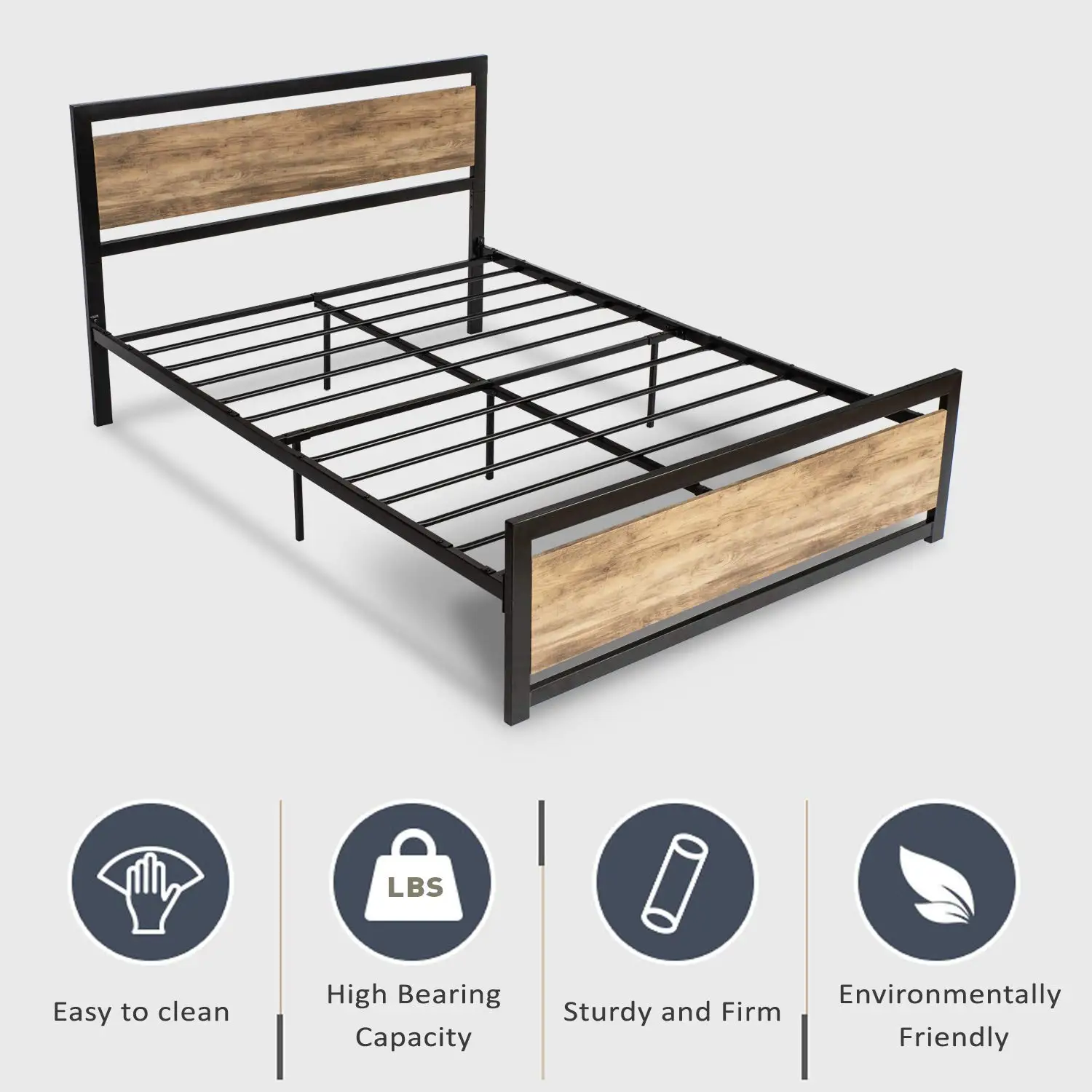 Full Size Metal Bed Frame With Wood Headboard Platform Bed Frame Strong