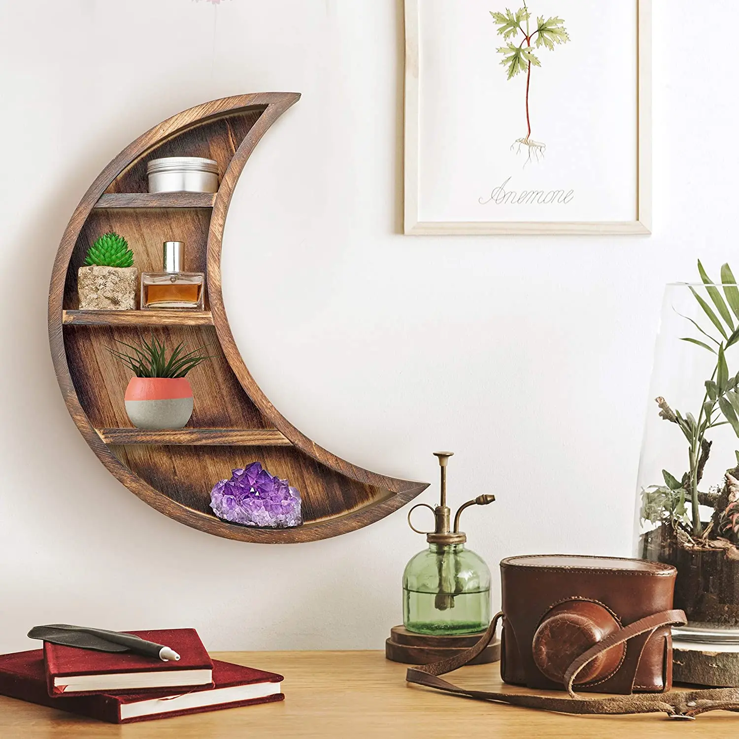 
Wooden Wall Mounted Moon Floating Shelf For Storage And Decoration For Room 