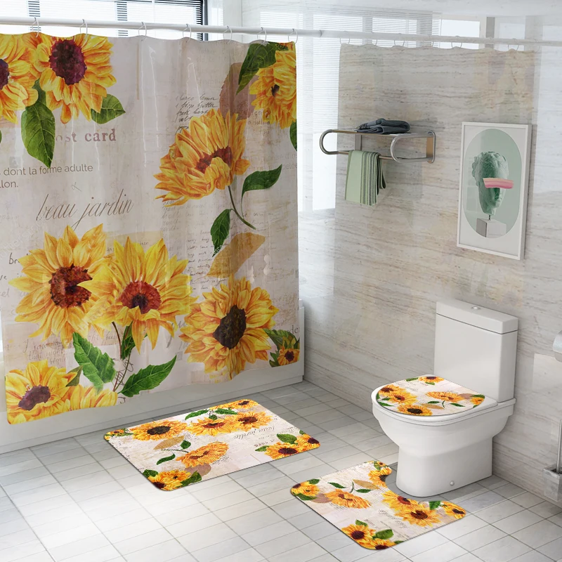 New Shower Curtain Lid Toilet Cover Bath Mat Rug with Hooks Bathroom Accessory Sets
