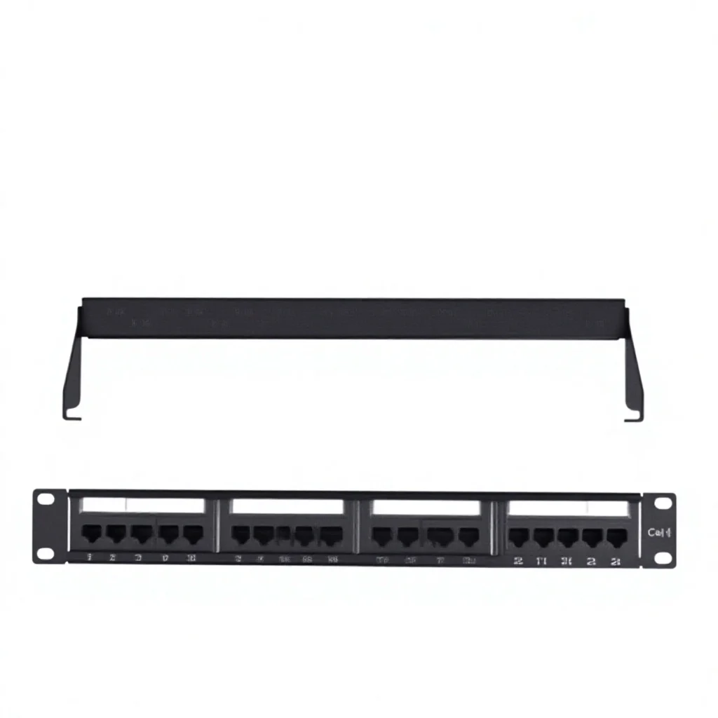 Integrated patch panel with removable faceplates showing 6-port sections