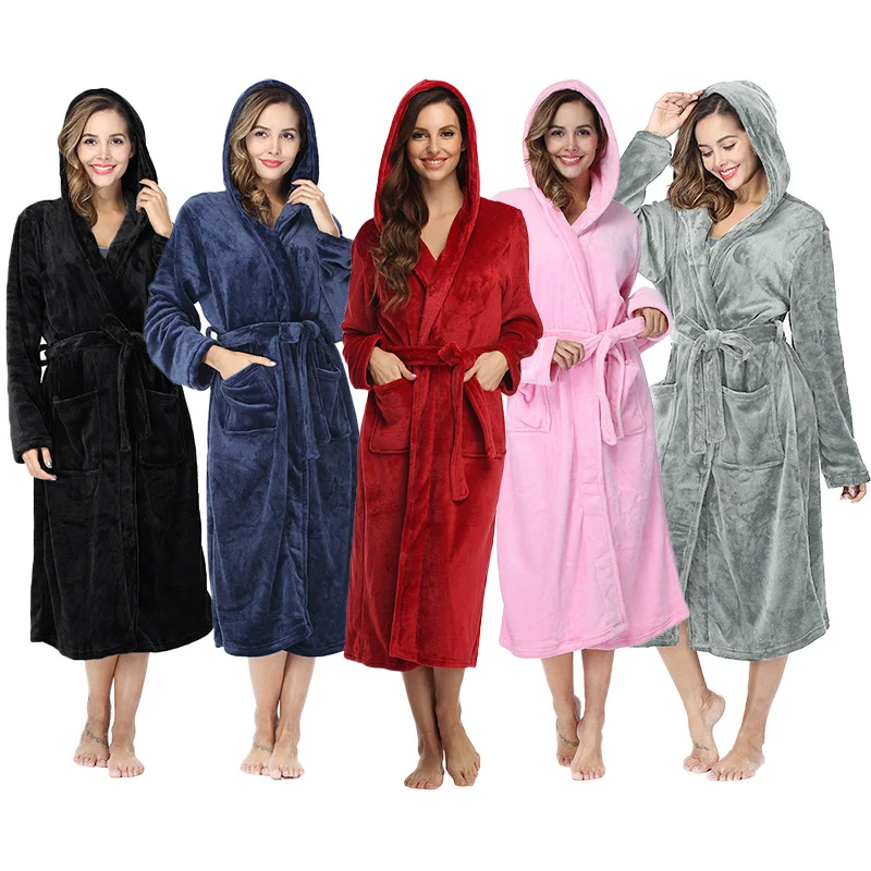 Custom Classic Design Flannel Hooded Women Bathrobe Female Nightgown ...