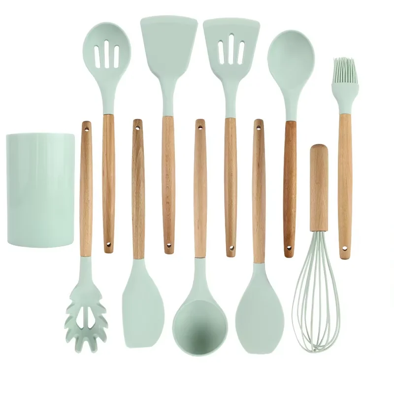 product non stick silicone kitchenware set wooden handle cross border cooking spoon shovel storage tube direct utensils-7