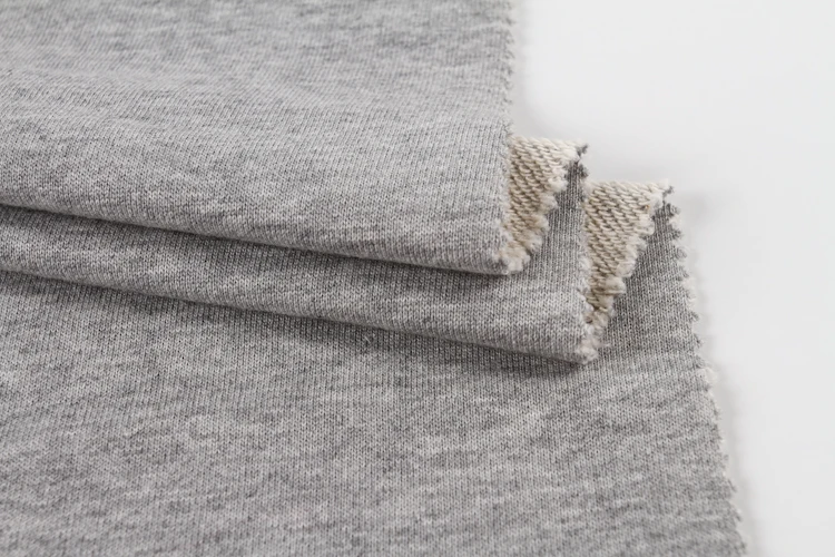 Soft grey heather 100% cotton french terry knit fabric in stock for hoodie