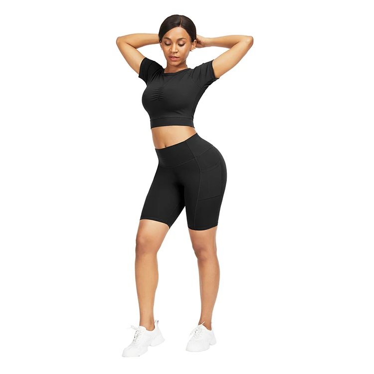 Custom Plain Two Piece Crop Top Active Wear Workout Shorts Set Fitness ...