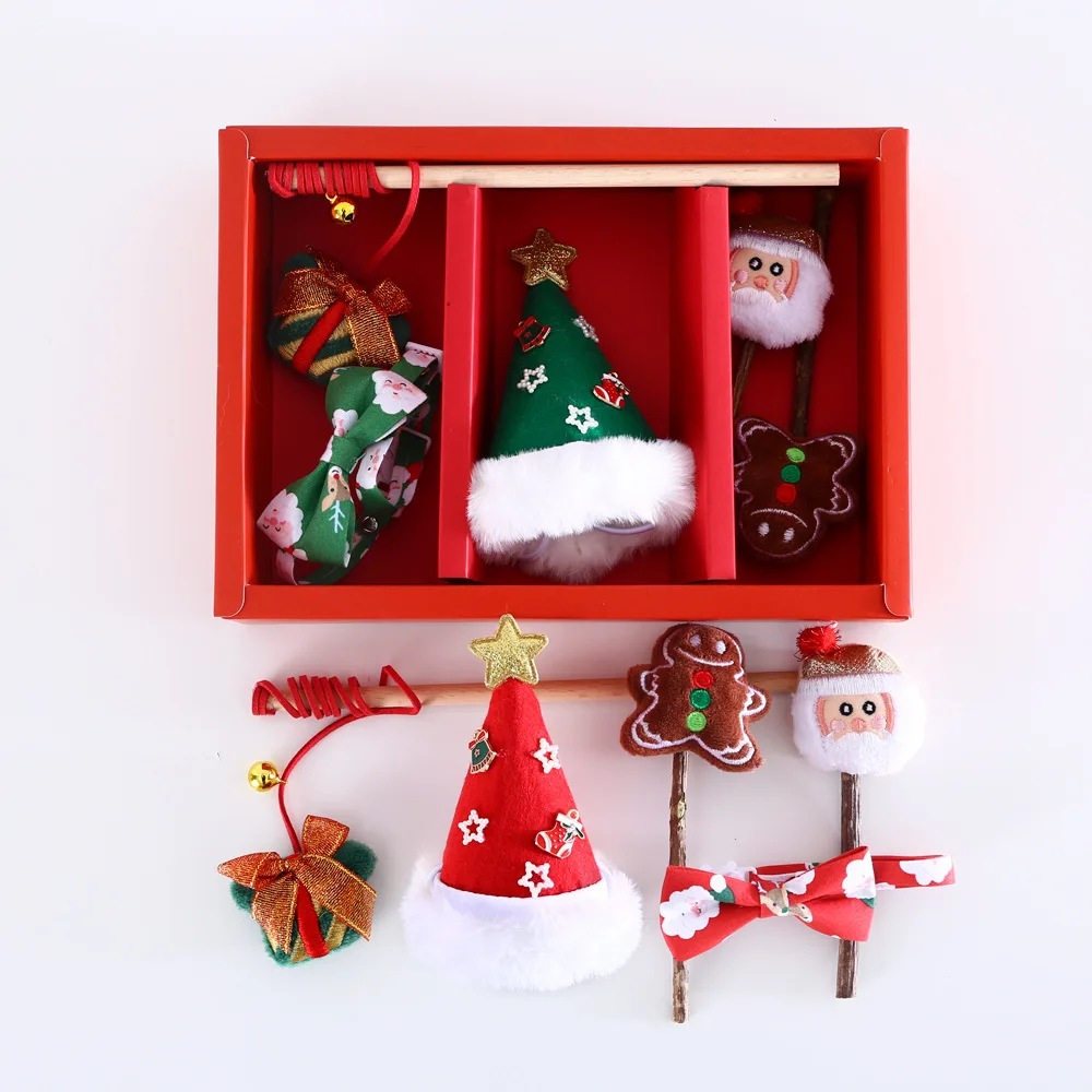 Interactive Eco-Friendly Cat Chew Toy Set Santa Claus Tree Hat Bow Tie Collar Teaser Wand Plush Christmas Pet Toy