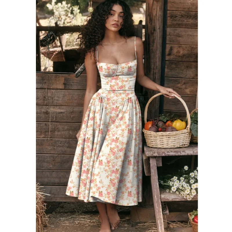 women's summer midi and maxi dresses R.Vivimos Women's Summer Boho Floral Print Midi Dress Short Sleeve Deep V Neck Empire Waist