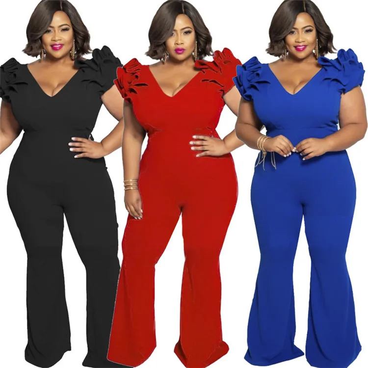 K2219 Fashion Solid Color Deep V-Neck Petal Short-Sleeved Tight Women Wide-Leg Large Size Jumpsuit