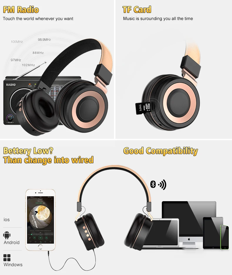 OTAO TWS FM Radio Headset Wireless Bluetooth Handfree Earphones Earbuds Bass High Fidelity Fone Inpod Over Ear TF Card Headsets - ANKUX.COM