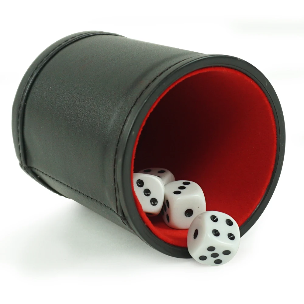 Black Leather Dice Cup Set Inside Red Velvet With 5 White With Black