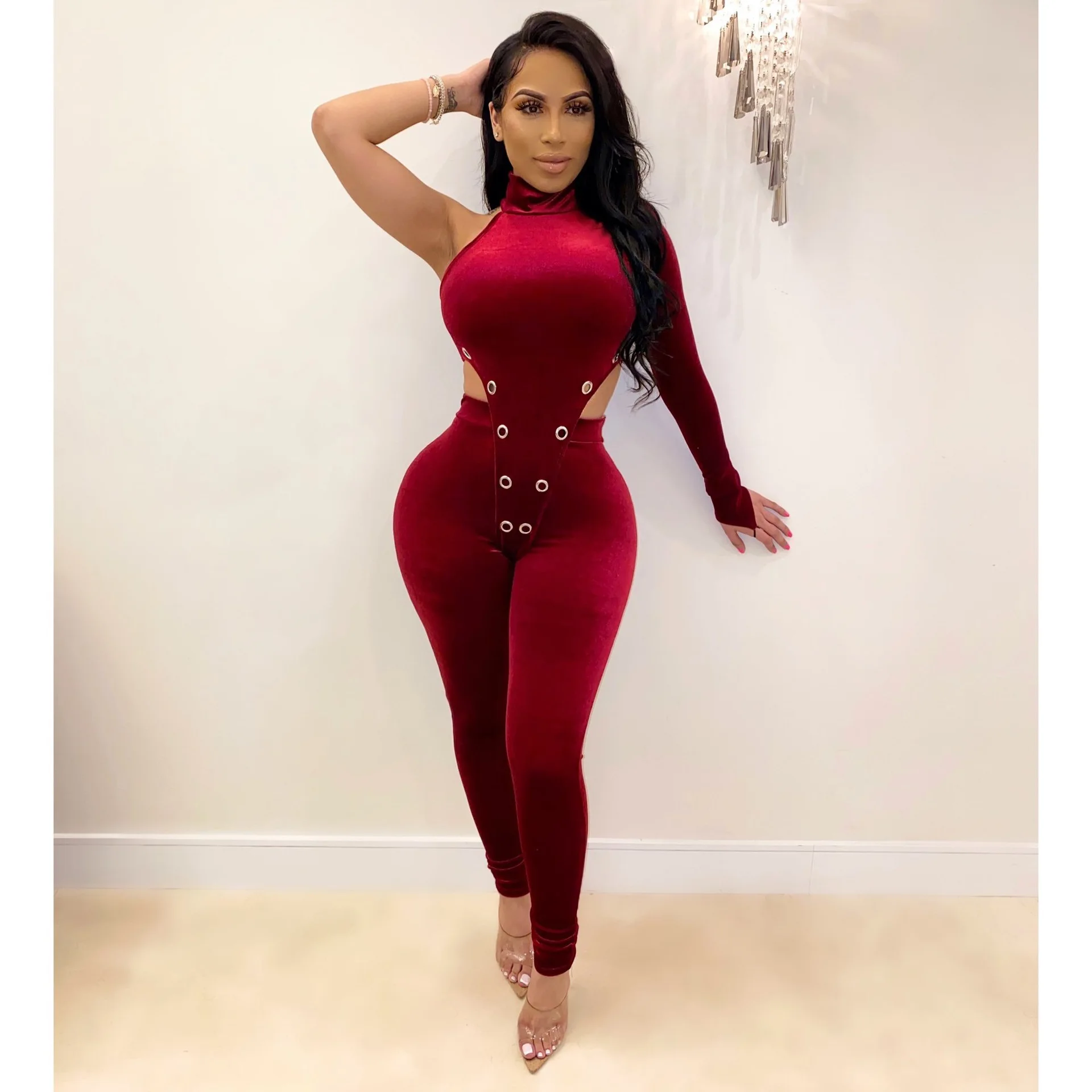 One Shoulder Two Piece Sets Rivets Bodycon Women's 2020 Summer New Style velvet Outfit 2 Piece Sets Hollow Out Warehouse