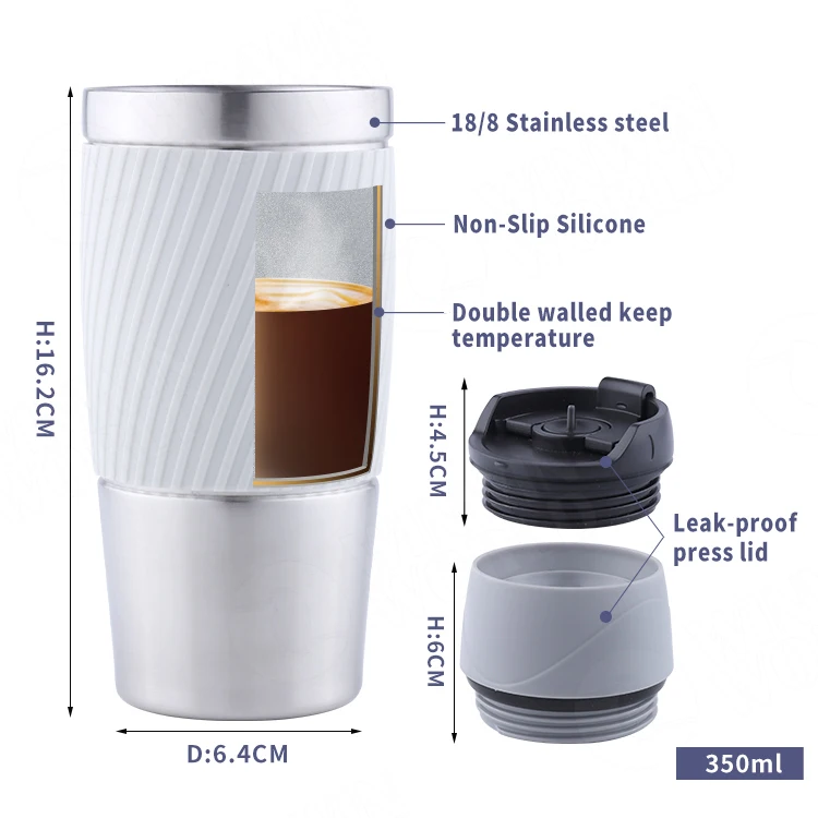 New design thermos stainless steel coffee travel mug with non-slip silicone sleeve&leakproof lid, vacuum mug for coffee&tea