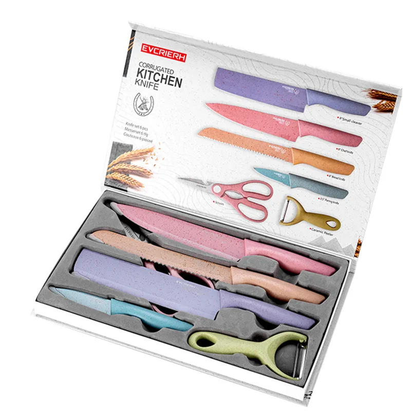 
Wheat Straw Kitchen Accessories Colorful 6pcs Non-stick Blade Stainless Steel Kitchen Knives Set 