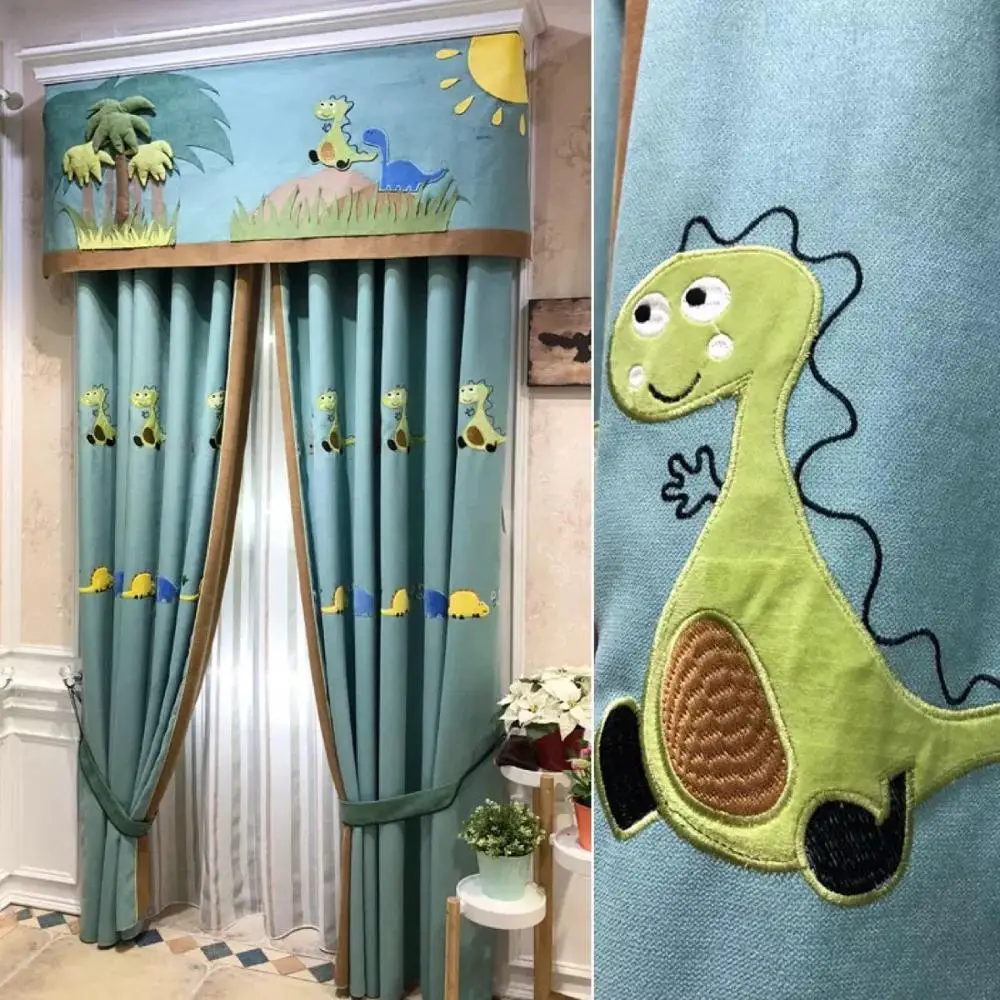 Venta al por mayor de los niños habitación cortinas niño niña dormitorio lindo dinosaurio de dibujos animados bordado tridimensional cortina/