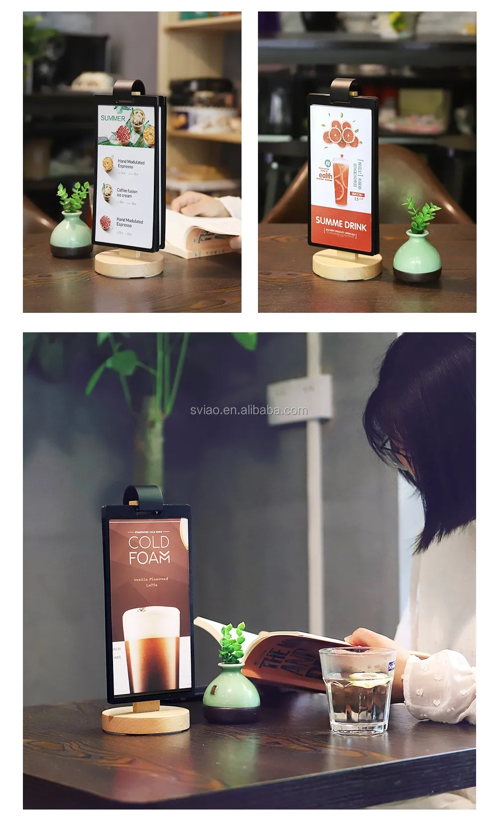 100*200mm Pvc Wood Base Pageturning Tabletop Card Sign Menu Holder For