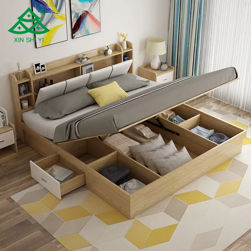 China wholesale bed set furniture multifunctional  queen king size bed panel frame double storage bed with life up simple design