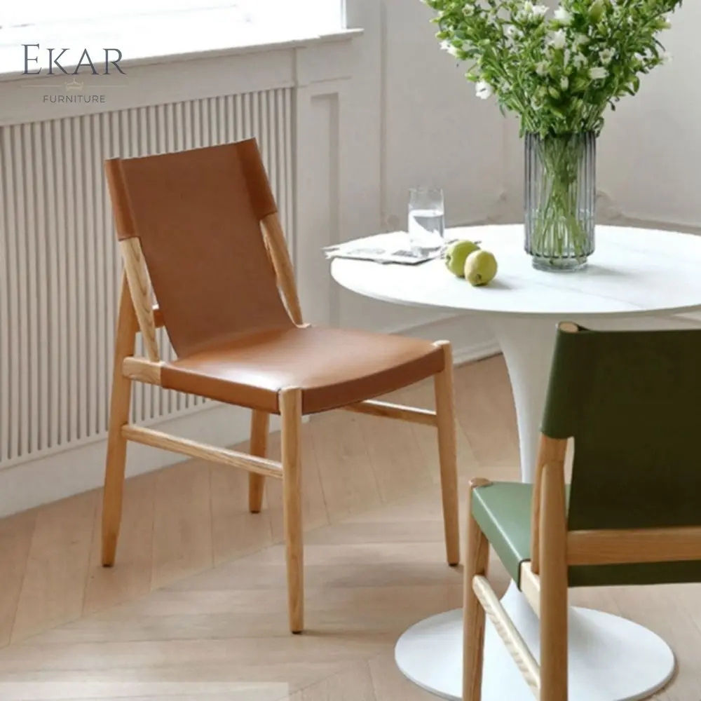 product tailor made minimalist nordic solid beech wood frame saddle leather balcony leisure dining chair502-59