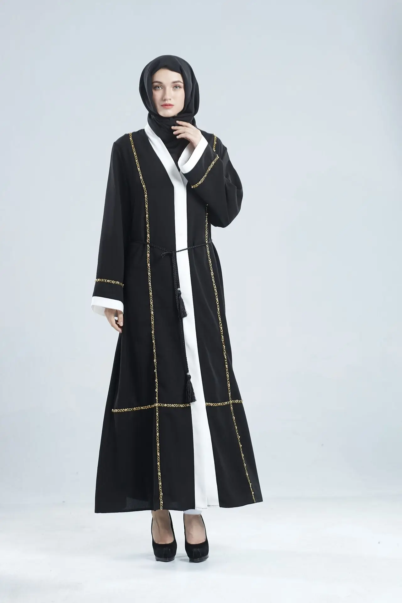 女装迪拜黑色格子和服打开珍珠 burqa 土耳其大衣 abaya 伊斯兰服装长