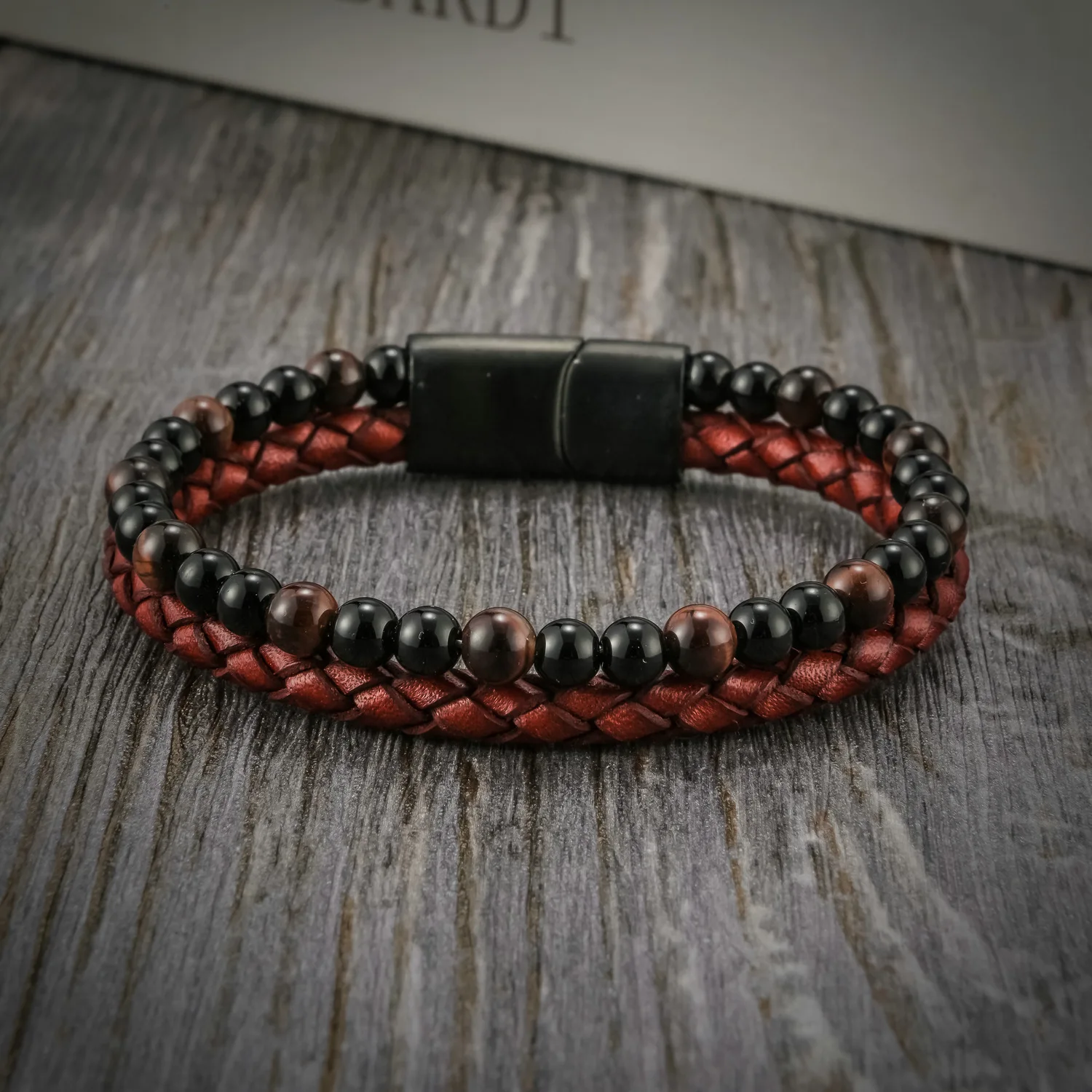 Men's Fashion Woven Leather Stainless Steel Bracelet with Natural Stone Beads and Pearl New Style Rope Design