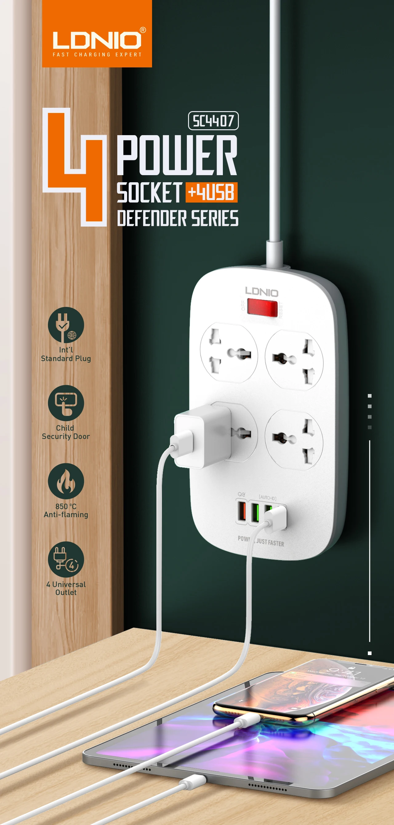 LDNIO SC4407 Defender Series Power Extension Cord 4 Power Socket 4 Usb 2500W 3 LDNIO SC4407 Defender Series Power Extension Cord 4 Power Socket 4 Usb 2500W 3