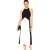 Pleated fabric detail on front Neck snap button closure black and white halter dress