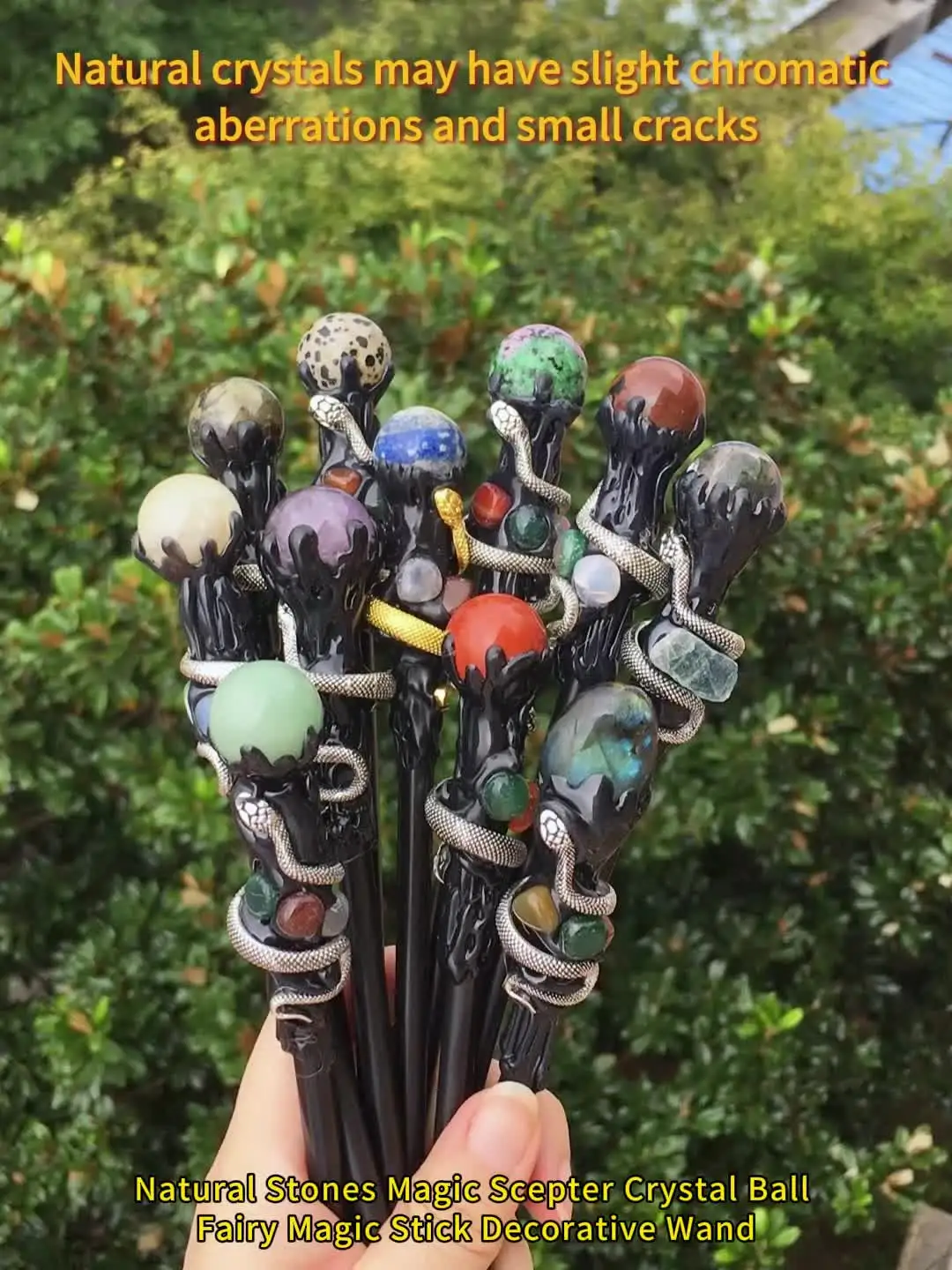 Natural Stones Magic Scepter Crystal Ball Fairy Lucky Divination Tumble  Stone Gem Scepter Fairy Magic Stick Decorative Wand, image size:1080x1440