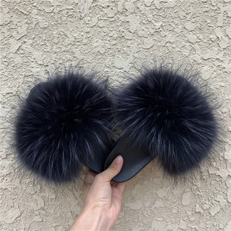 
2020 new wholesale custom logo real fox fur slippers ladies fashion fluffy raccoon fur sandals luxury women fox fur slides 