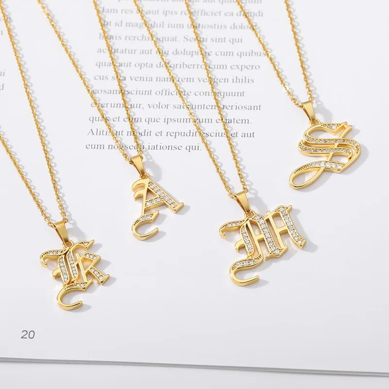 

High Quality Customized CZ Stone 26 Initial Alphabet A-Z Letter Personalized Old English Font 18k Gold Plated Necklace