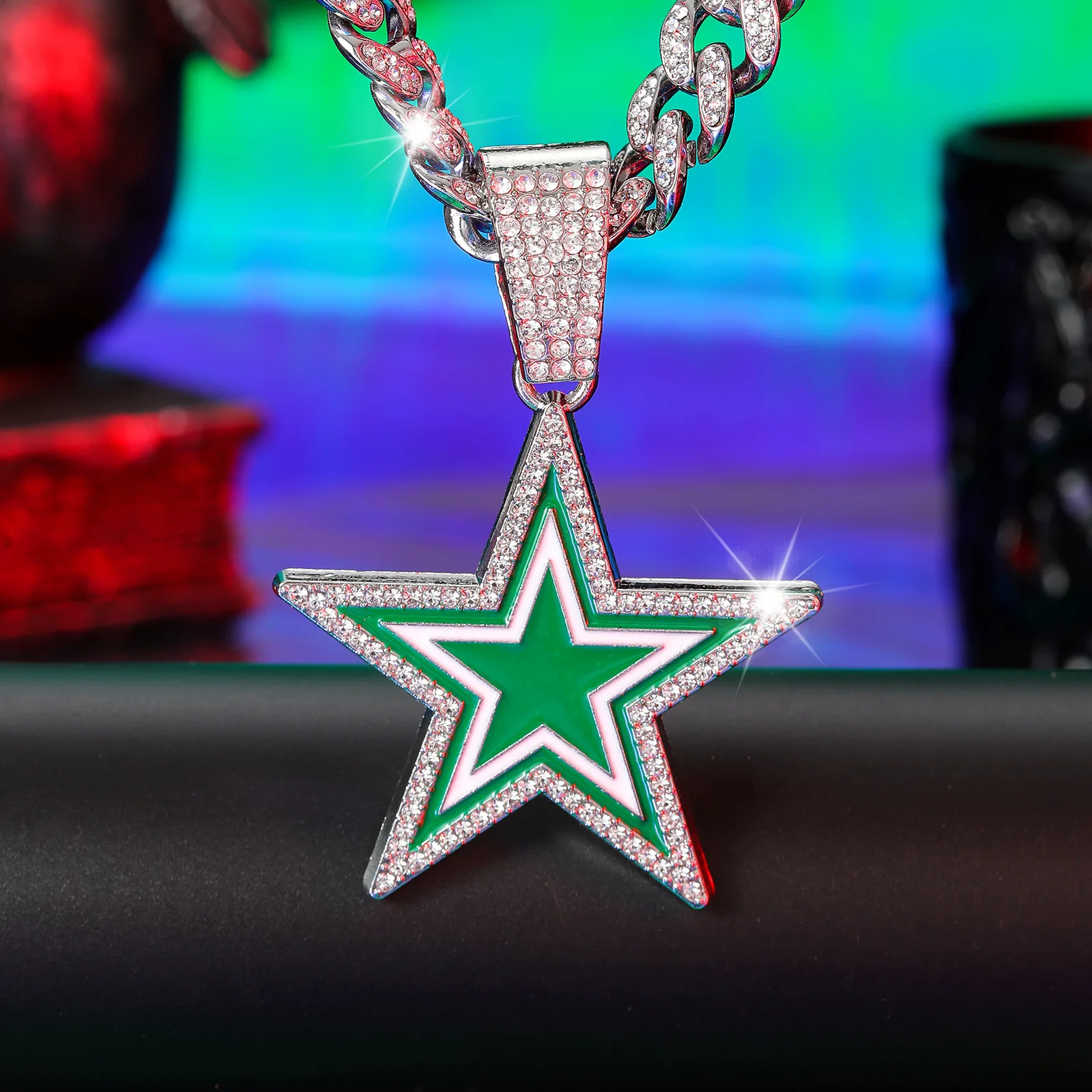 product european american style full diamond blue five pointed star pendant necklace fashionable hip hop design for men women for gift-21