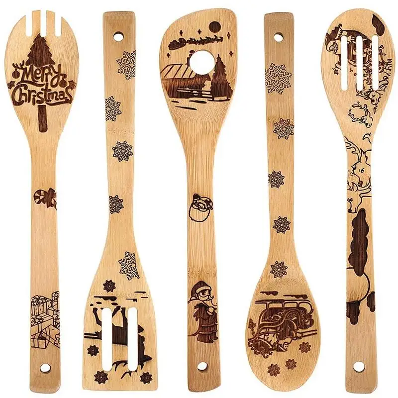 5 Pieces Engraved Bamboo Wood Slotted Spoon Christmas Cooking Nonstick ...