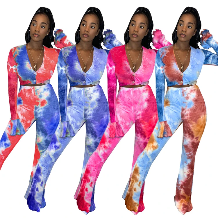 Best Seller Fall 2021 Fashion Sexy Tie Dye  Hollow Out Top And Pants Women Clothes Womens Two Piece Set