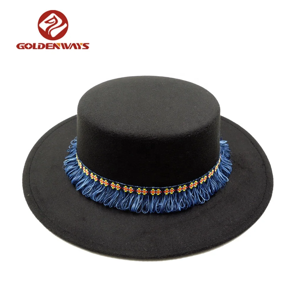 批发中性经典设计黑色圆形派对毛毡顶帽子与流苏