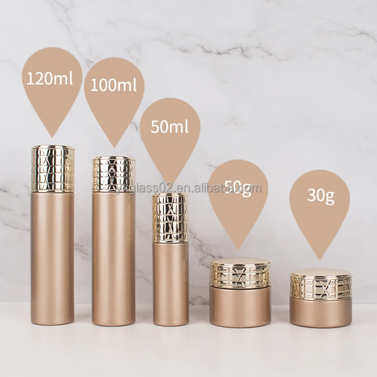 Luxury cosmetics packaging glass bottle 120ml 100ml 40ml with pump 50g 30g with gold special design lid details